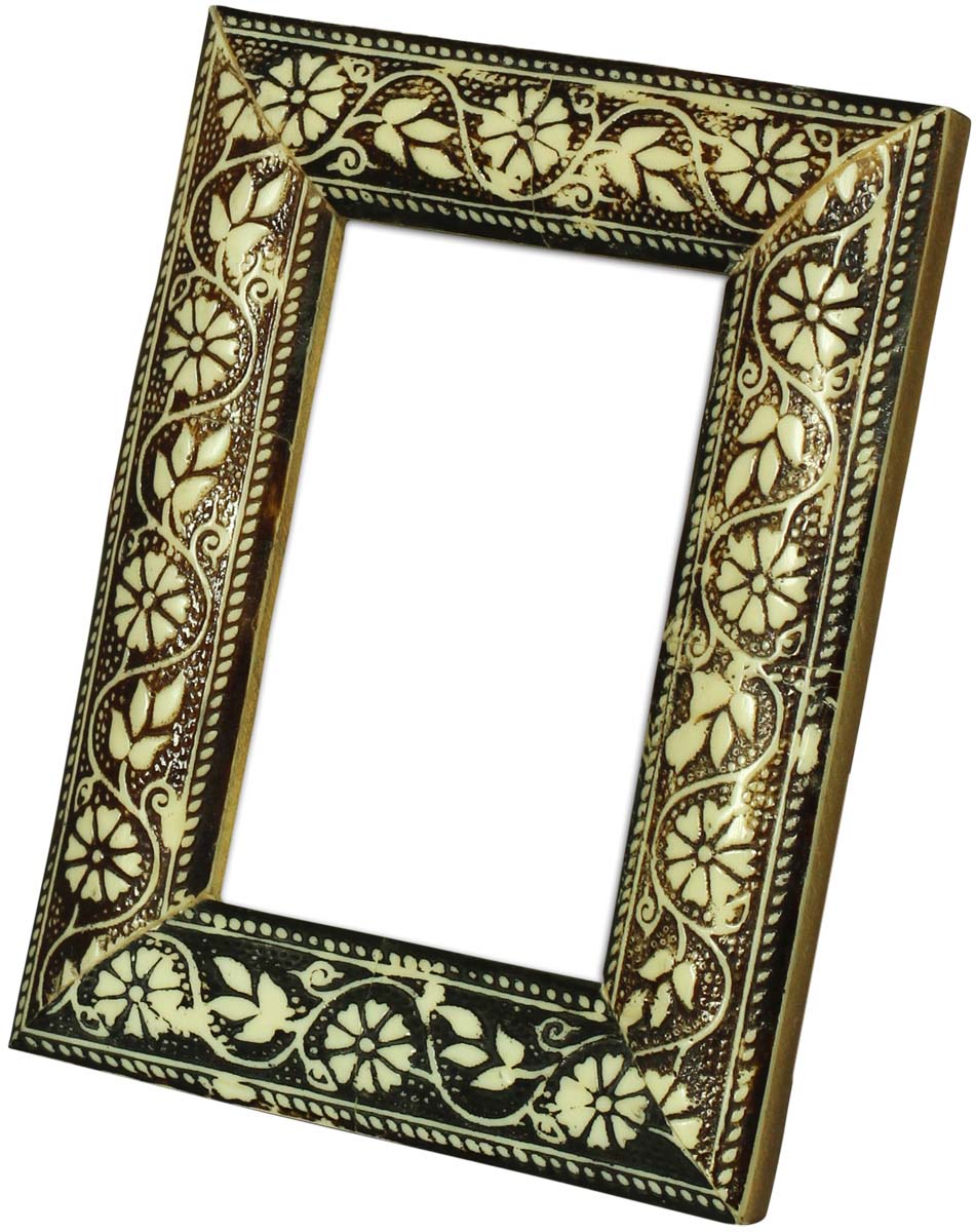 Buy 4x6 Inches Rectangular Picture Frame in Bulk - Wholesale Handmade Photo Frame in MDF & Resin - White Floral Motifs on Black Base - Home & Office Decor Picture Frames from India