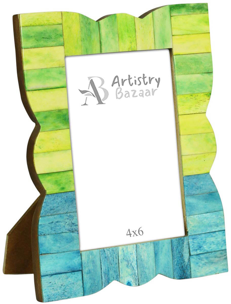 Wholesale 4 x 6” Handmade Curved Borders Picture Frame In Bulk - Source Green & Turquoise Photo Frame - Bone & MDF - Wholesale Home Decor Accessories & Gift Ideas