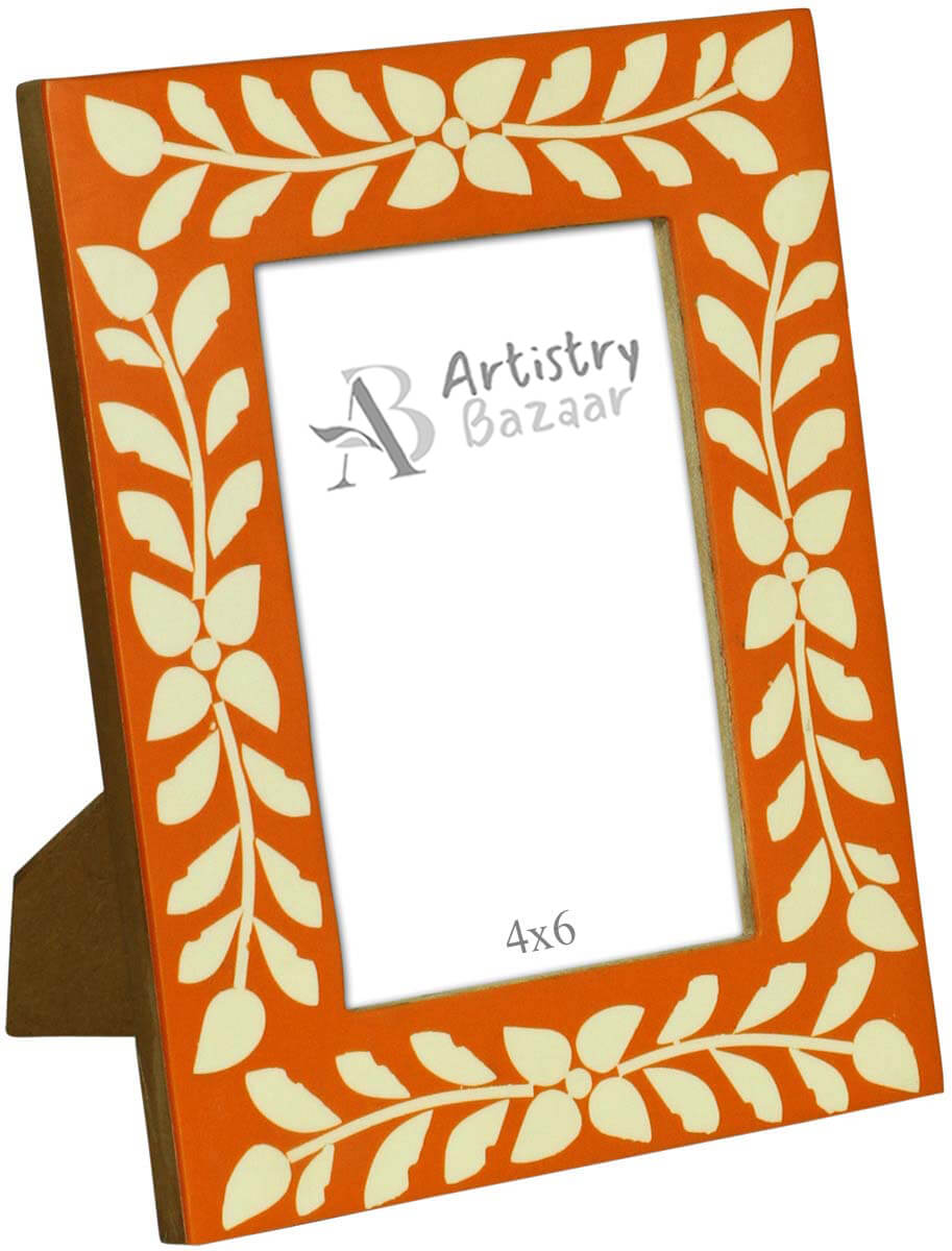 Wholesale 4 x 6” Handmade Floral & Leafy Motifs Picture Frame In Bulk - Source Orange & White Photo Frame - Bone & MDF - Wholesale Home Decor Accessories & Gift Ideas