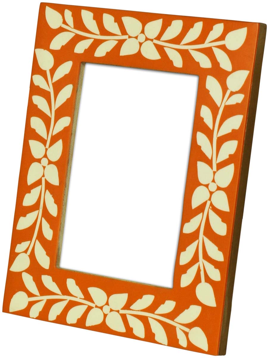Wholesale 4 x 6” Handmade Floral & Leafy Motifs Picture Frame In Bulk - Source Orange & White Photo Frame - Bone & MDF - Wholesale Home Decor Accessories & Gift Ideas