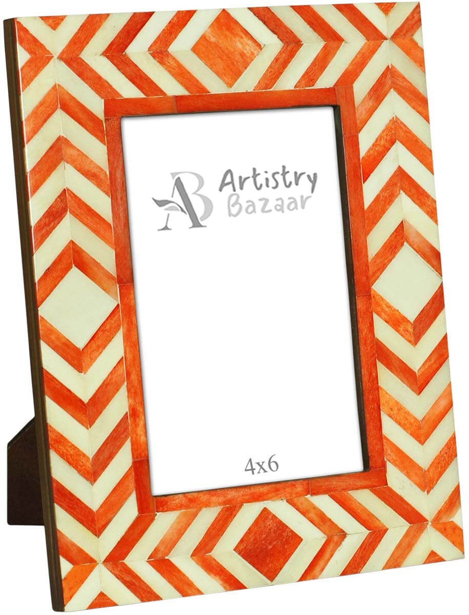 4 x 6” Handmade Chevron Pattern Picture Frame In Bulk - White & Orange Colored Photo Frame - Bone & MDF - Wholesale Home Decor Accessories & Gift Ideas