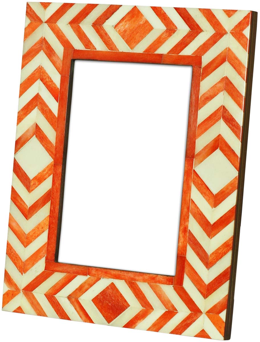 4 x 6” Handmade Chevron Pattern Picture Frame In Bulk - White & Orange Colored Photo Frame - Bone & MDF - Wholesale Home Decor Accessories & Gift Ideas