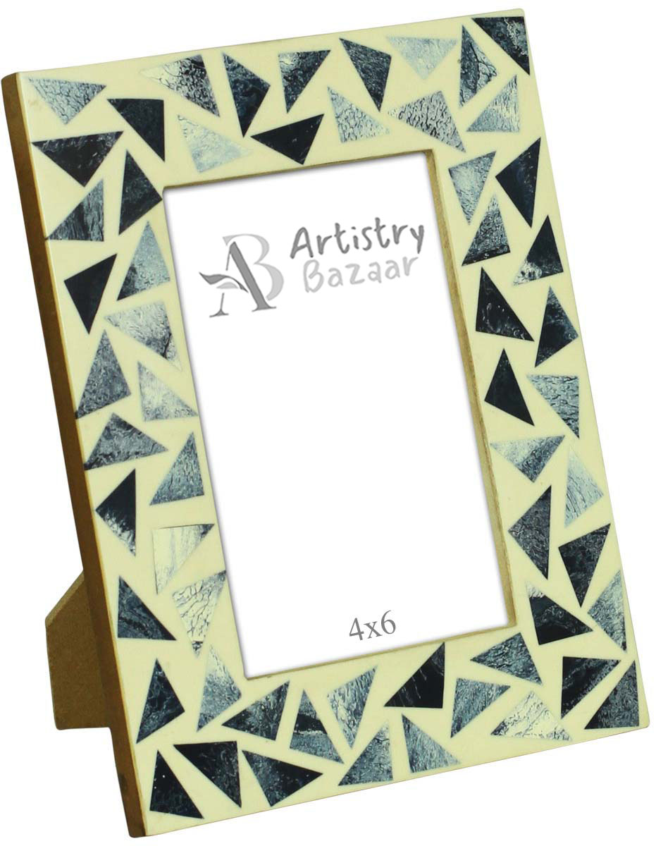 4x6 Inches Picture Frame in Bulk - Wholesale Handmade Photo Frame in MDF & Bone with Gray Triangle Motifs on White Base - Home Decor Picture Frames from India