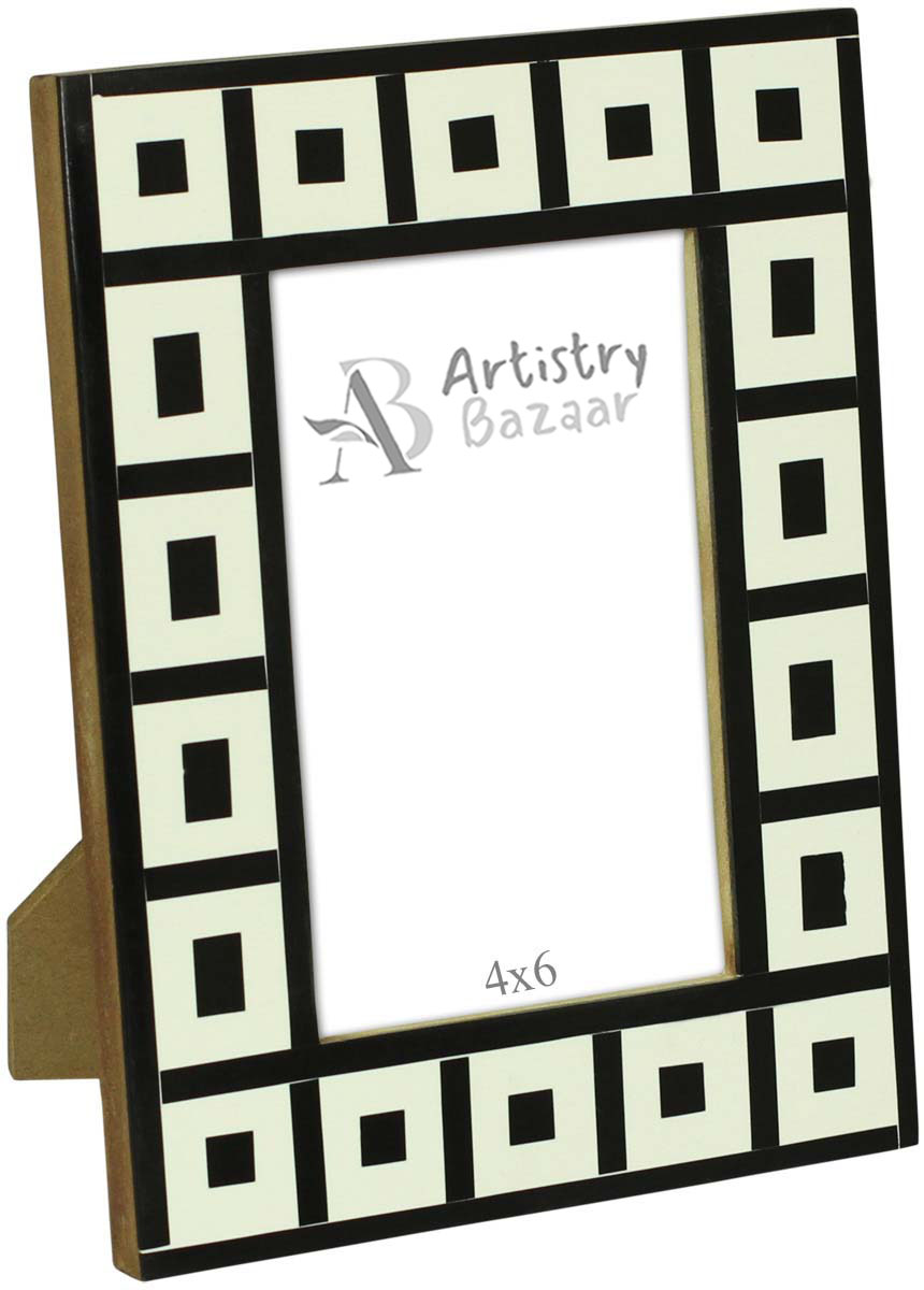 Wholesale 4x6 Inches Picture Frame in Bulk - Source Handmade Photo Frame in MDF & Resin with Black & White Square & Rectangle Motifs - Home Decor Picture Frames from India