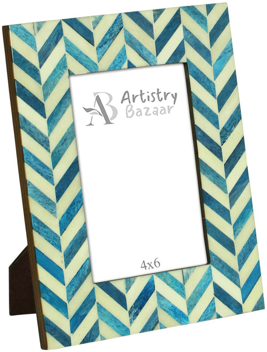Wholesale 4x6 Inches Handmade Picture Frame - Bone & MDF Photo Frame - Blue & White - Geometric Herringbone Pattern - Buy Bulk Home Decor Accessories & Gift Ideas