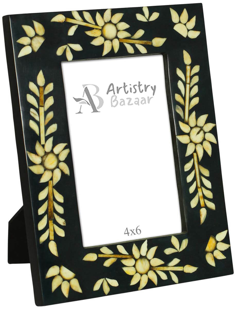 Wholesale 4 x 6” Handmade Floral & Leafy Motifs Picture Frame In Bulk - Source Black & Yellow Photo Frame - Bone & MDF - Home Decor Accessories & Gift Ideas