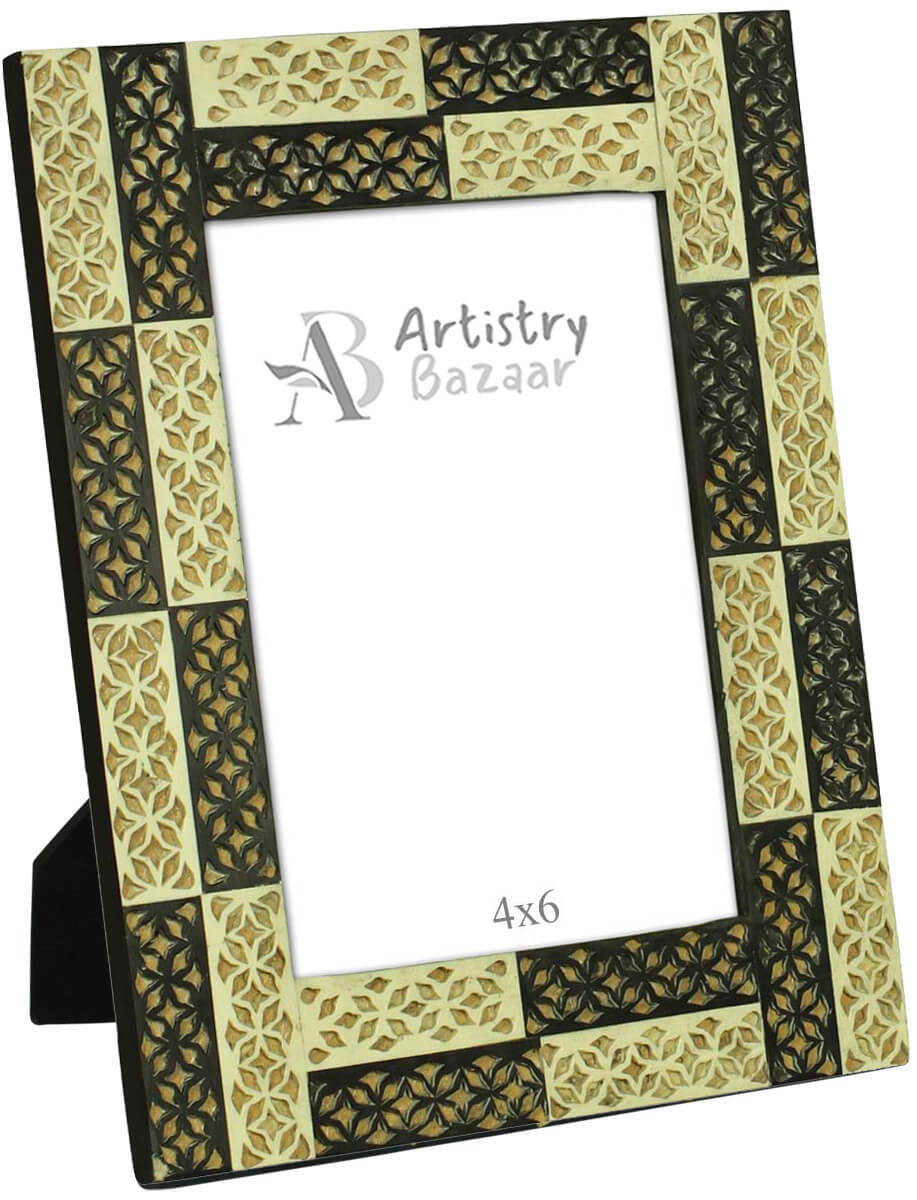 Black & Beige 4 x 6” Handmade Picture Frame In Bulk - Resin & MDF Photo Frame - Floral Motifs - Wholesale Home Decor Accessories & Gift Ideas
