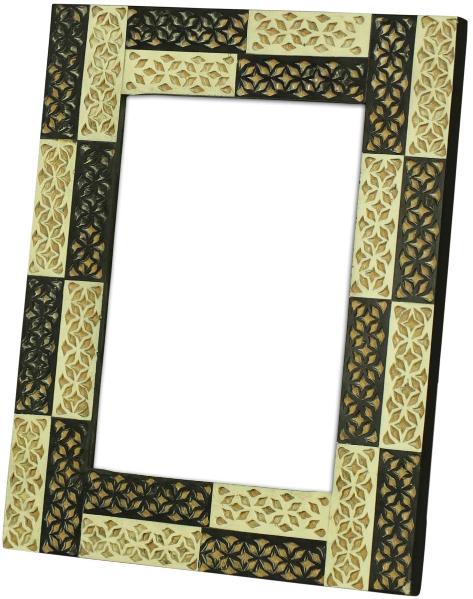 Black & Beige 4 x 6” Handmade Picture Frame In Bulk - Resin & MDF Photo Frame - Floral Motifs - Wholesale Home Decor Accessories & Gift Ideas