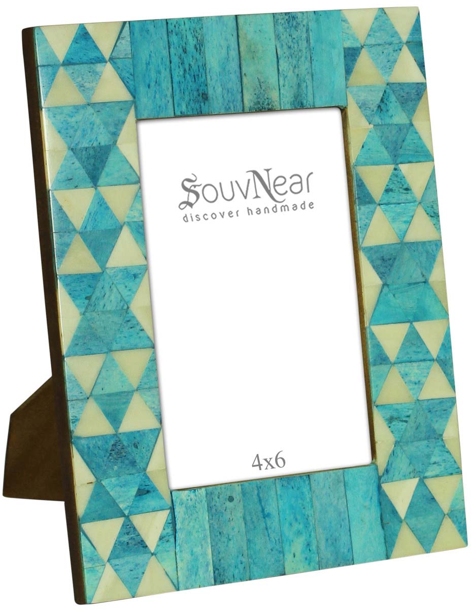 Turquoise & White 4 x 6” Handmade Picture Frame In Bulk - Bone & MDF Photo Frame - Triangle Motifs & Stripes - Wholesale Home Decor Accessories & Gift Ideas