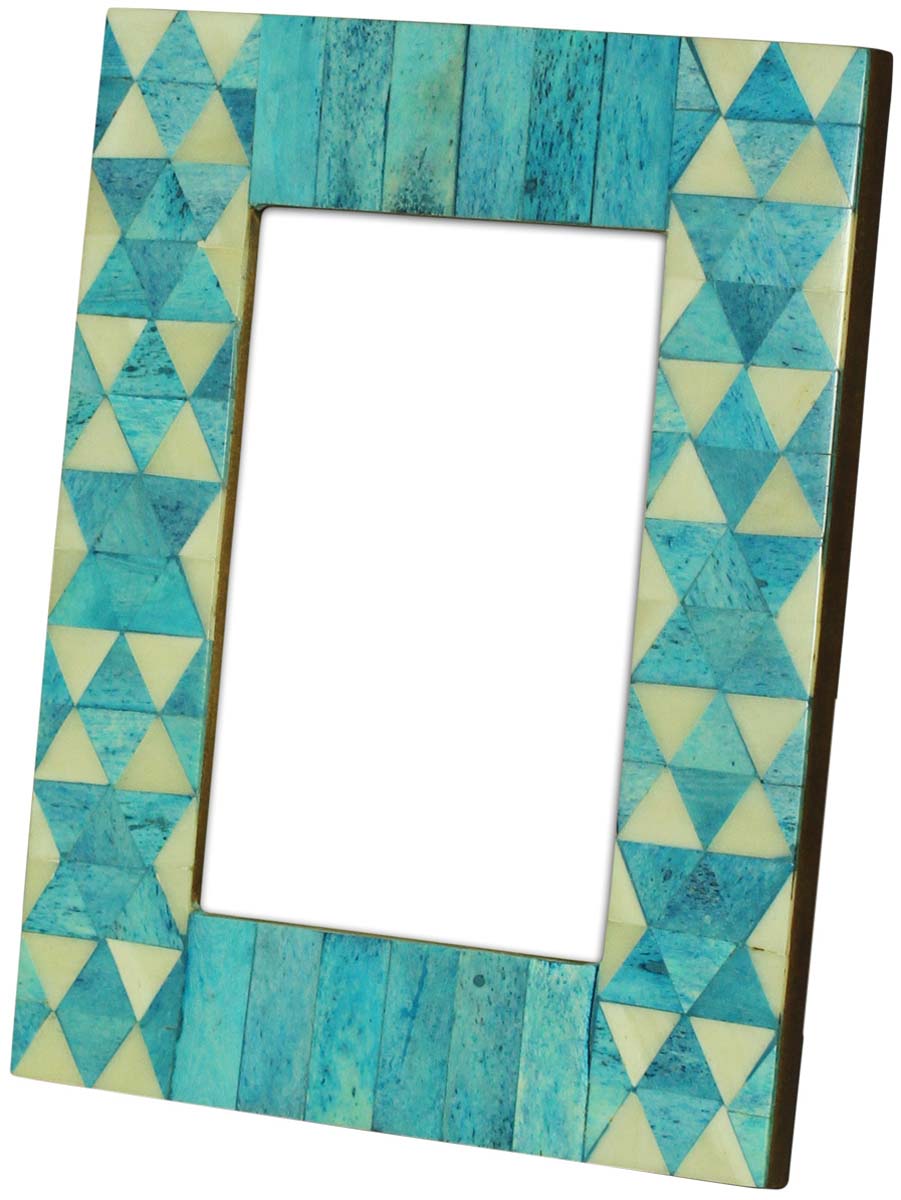 Turquoise & White 4 x 6” Handmade Picture Frame In Bulk - Bone & MDF Photo Frame - Triangle Motifs & Stripes - Wholesale Home Decor Accessories & Gift Ideas