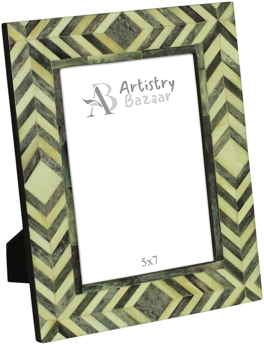 Rectangular Chevron Pattern 4 x 6” White & Gray Photo/Picture Frame in Bulk - Bone & MDF Photo Frame - Wholesale Handmade Home Decor Accessories & Gift Ideas from India
