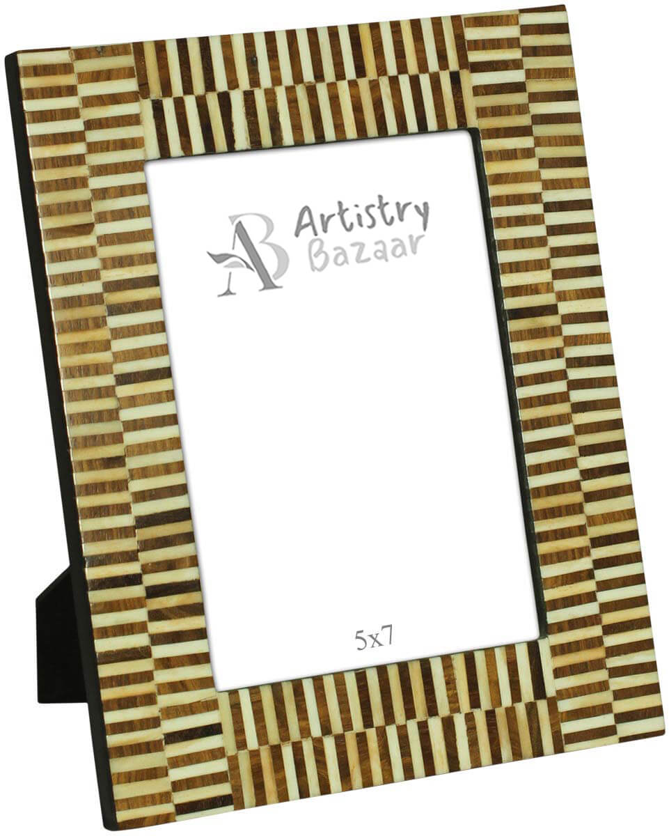 5x7 Inches Brown & White Picture Frame in Bulk - Wholesale Handmade Stripes Pattern Photo Frame in MDF, MDF & Bone - Home Decor Picture Frame from India