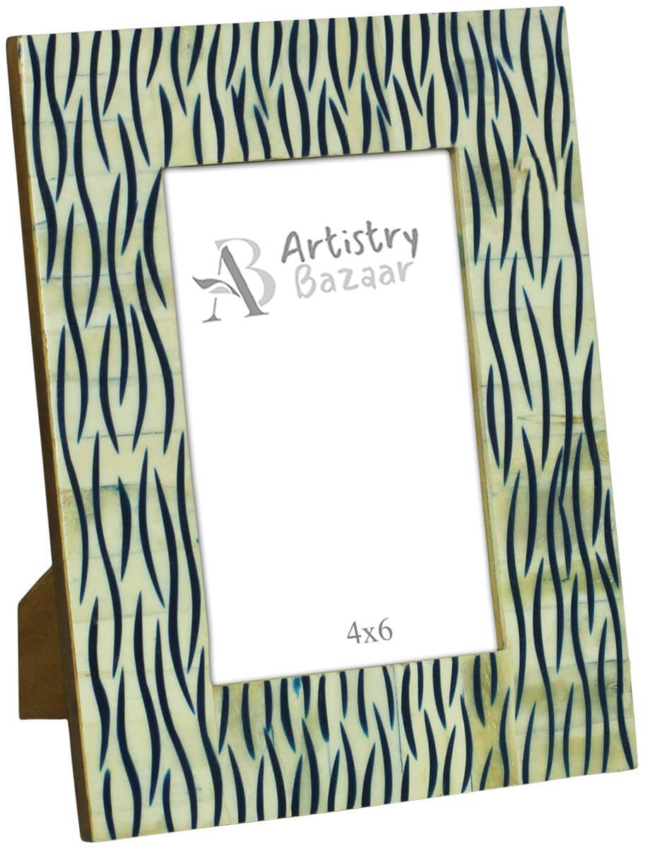 4x6 Inches Picture Frame in Bulk - Wholesale Handmade Photo Frame in MDF & Bone with Black Curved Stripes on White - Home Decor Picture Frame from India