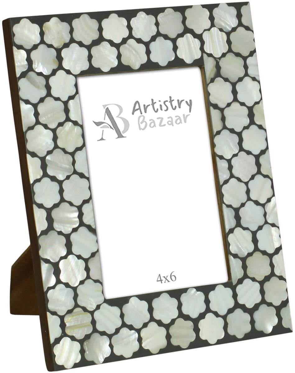 Wholesale Rectangular 4x6 Photo/Picture Frame in MDF, Resin & Mother of Pearl - Bulk Buy Photo Frame with White Floral Motifs on Gray - Home Decor Picture Frame from India