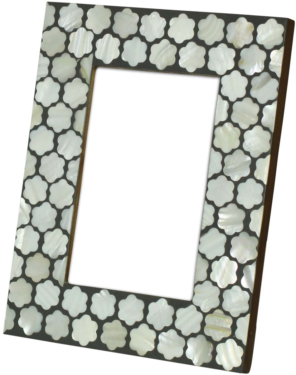 Wholesale Rectangular 4x6 Photo/Picture Frame in MDF, Resin & Mother of Pearl - Bulk Buy Photo Frame with White Floral Motifs on Gray - Home Decor Picture Frame from India