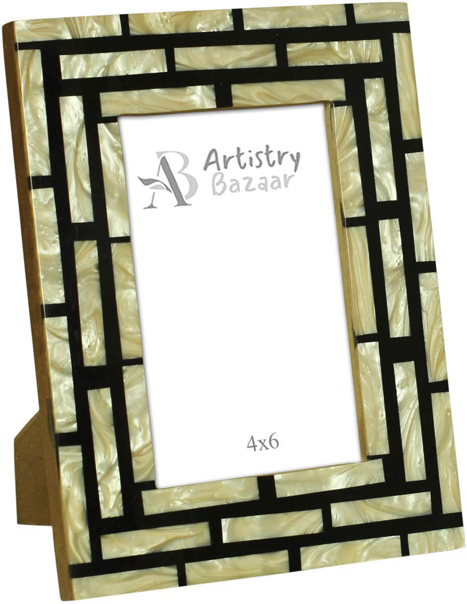 Wholesale Rectangular 4x6 Photo/Picture Frame in MDF, Resin & Mother of Pearl - Bulk Buy Photo Frame with Stripes on Black Base - Home Decor Picture Frame from India