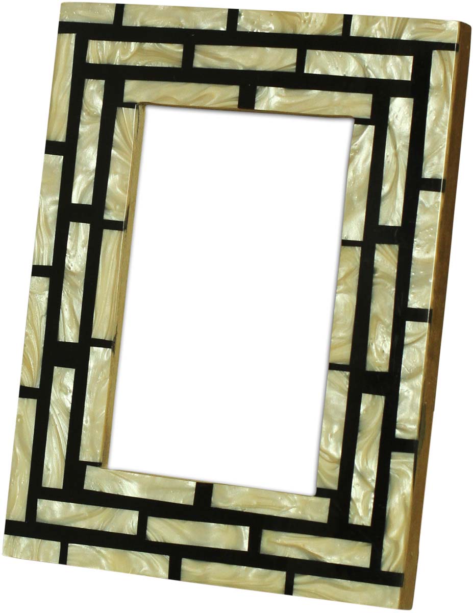 Wholesale Rectangular 4x6 Photo/Picture Frame in MDF, Resin & Mother of Pearl - Bulk Buy Photo Frame with Stripes on Black Base - Home Decor Picture Frame from India