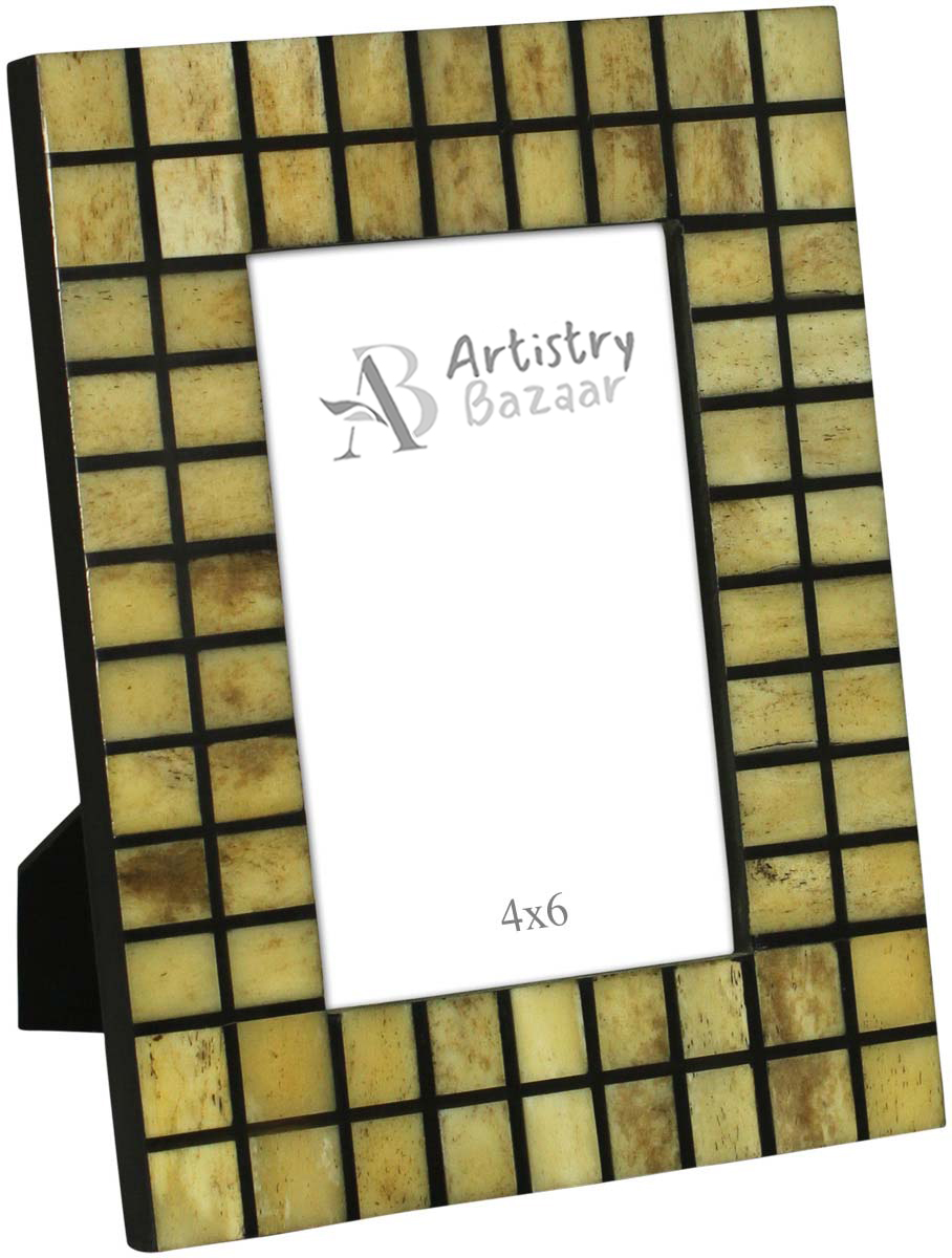 Bulk Buy 4x6 Inches Beige & Black Picture Frame - Wholesale Handmade Photo Frame in MDF (Compressed-Wood), Resin & Bone Inlay with Windowpane Check Pattern - Home Decor Creative Picture Holders/Photo Frames from India