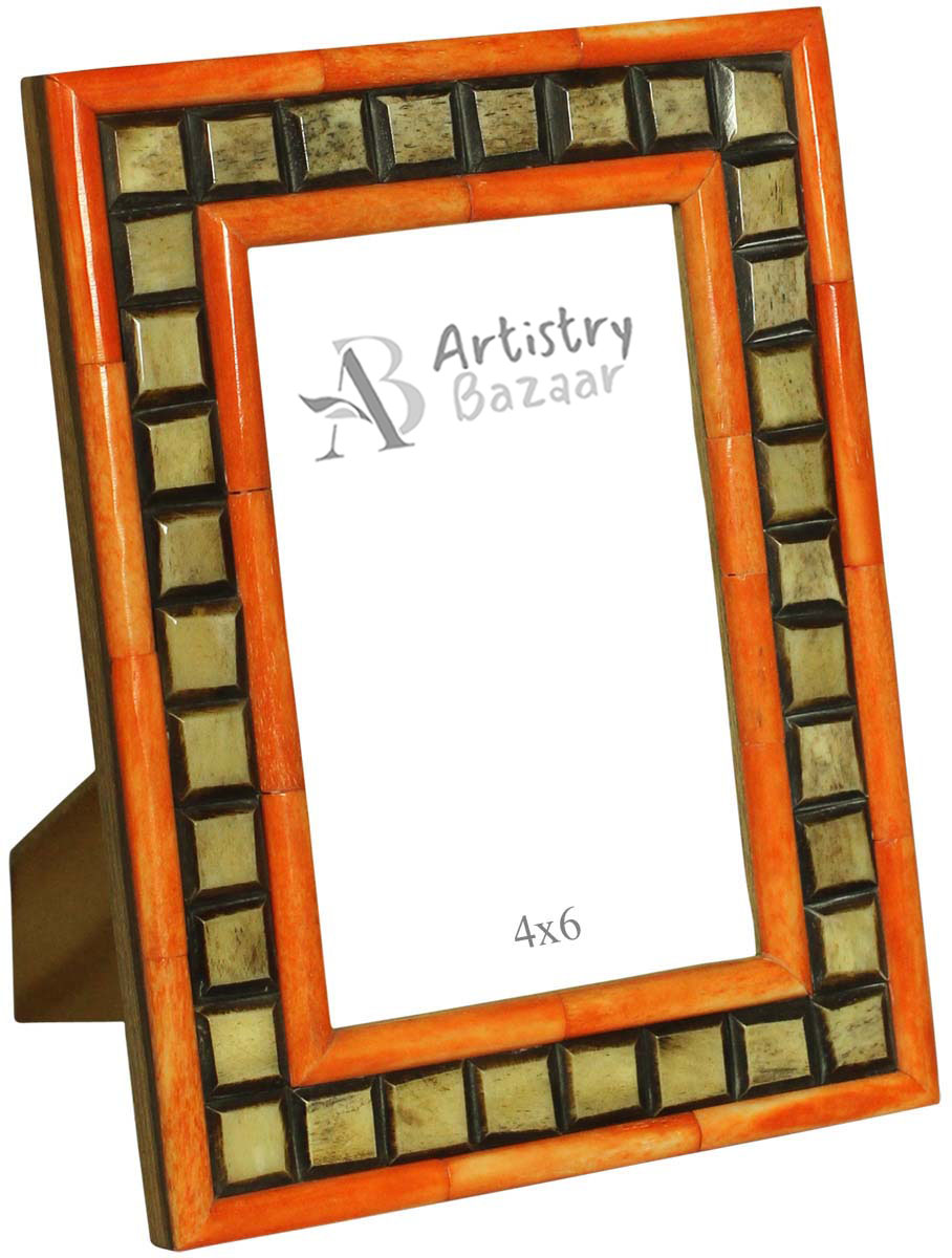 Bulk Buy 4x6 Inches Picture Frame in Beige, Black & Orange - Wholesale Handmade Photo Frame in MDF & Bone - Home Decor Picture Frames from India