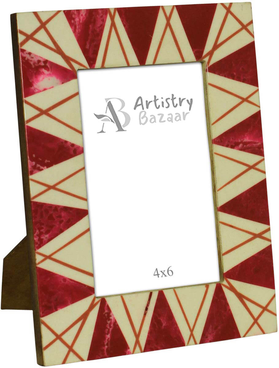 White & Red 4 x 6” Handmade Picture Frame In Bulk - Bone, Resin & MDF Photo Frame - Triangle Motifs - Wholesale Home Decor Accessories & Gift Ideas