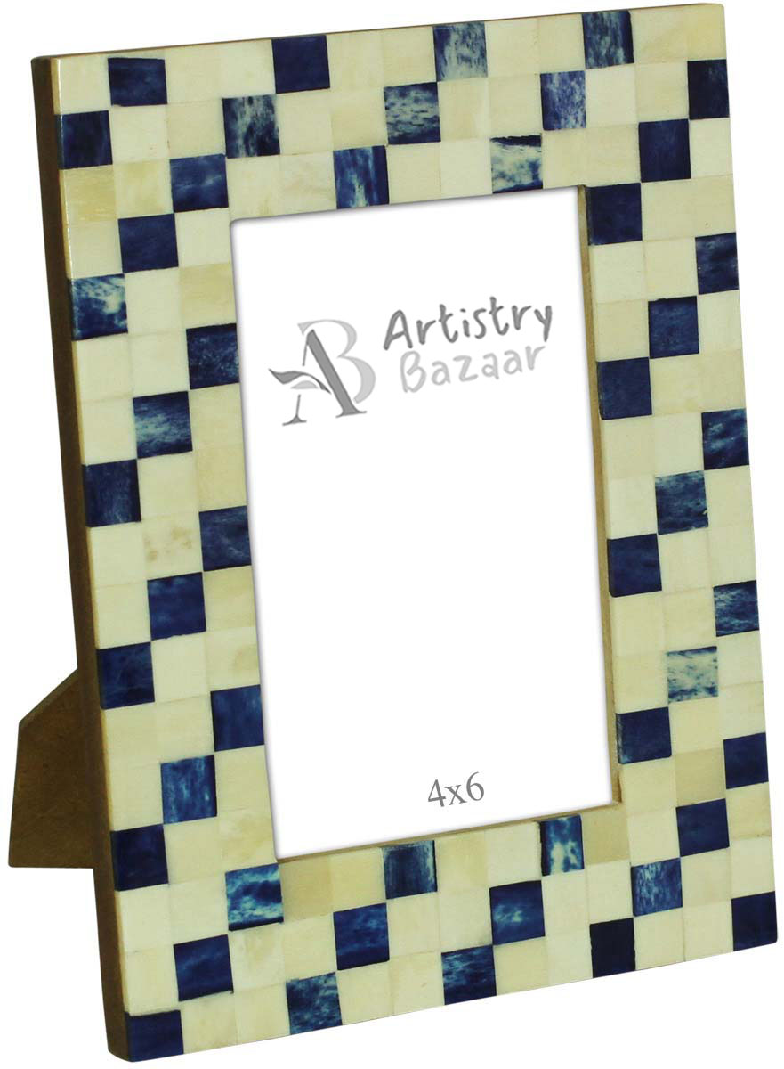 Bulk Buy 4x6 Inches MDF Picture Frame in Blue & White Check Pattern - Wholesale Handmade Photo Frame in MDF & Bone - Home Decor Picture Frames from India