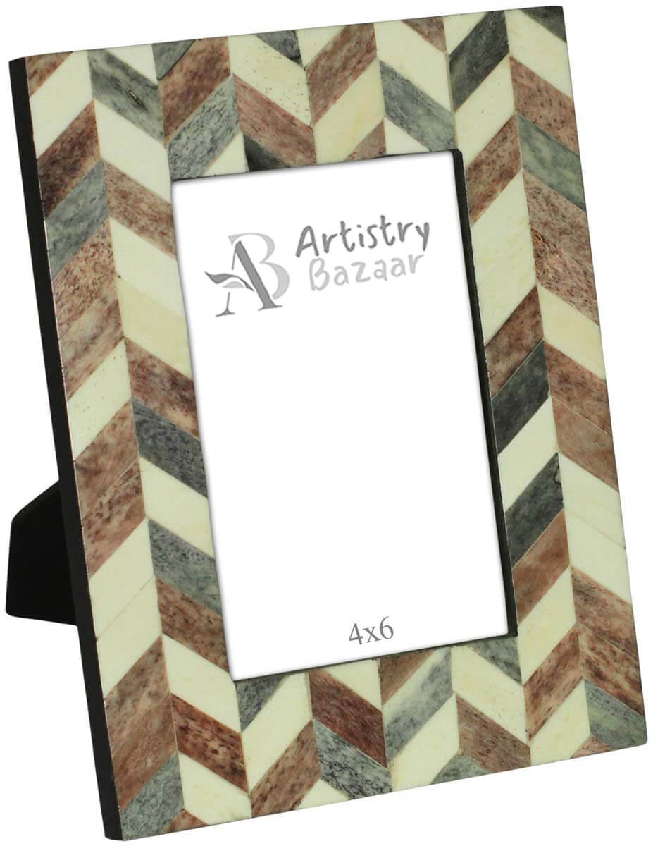 Rectangular Broken Chevron Pattern 4 x 6” Gray, Beige & White Photo/Picture Frame in Bulk - Bone & MDF Photo Frame - Wholesale Handmade Home Decor Accessories & Gift Ideas from India