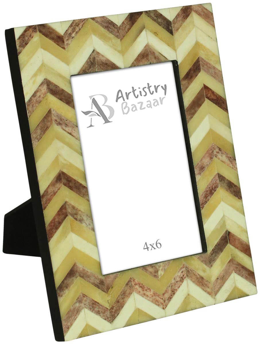 4 x 6” Handmade Chevron Pattern Picture Frame In Bulk - Beige, Brown & White Colored Photo Frame - Bone & MDF - Wholesale Home Decor Accessories & Gift Ideas