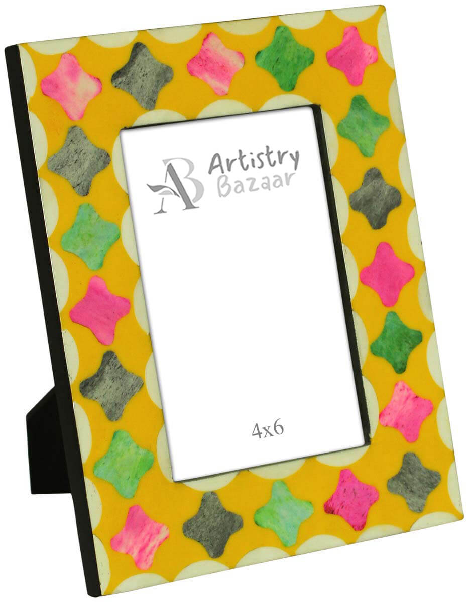 4 x 6” Handmade Picture Frame In Bulk - Bone & MDF Photo Frame - Multicolored Curved Square Motifs on Yellow - Wholesale Home Decor Accessories & Gift Ideas from India