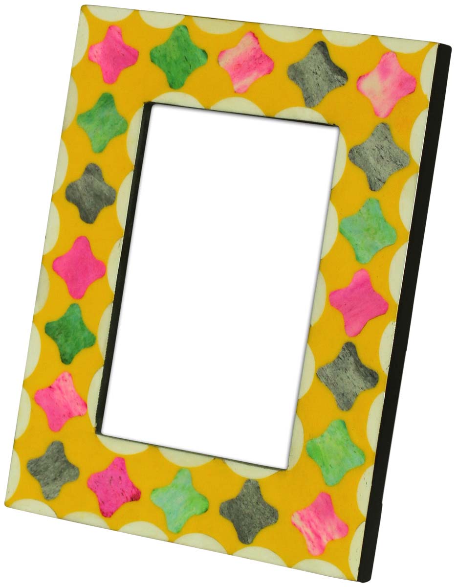 4 x 6” Handmade Picture Frame In Bulk - Bone & MDF Photo Frame - Multicolored Curved Square Motifs on Yellow - Wholesale Home Decor Accessories & Gift Ideas from India