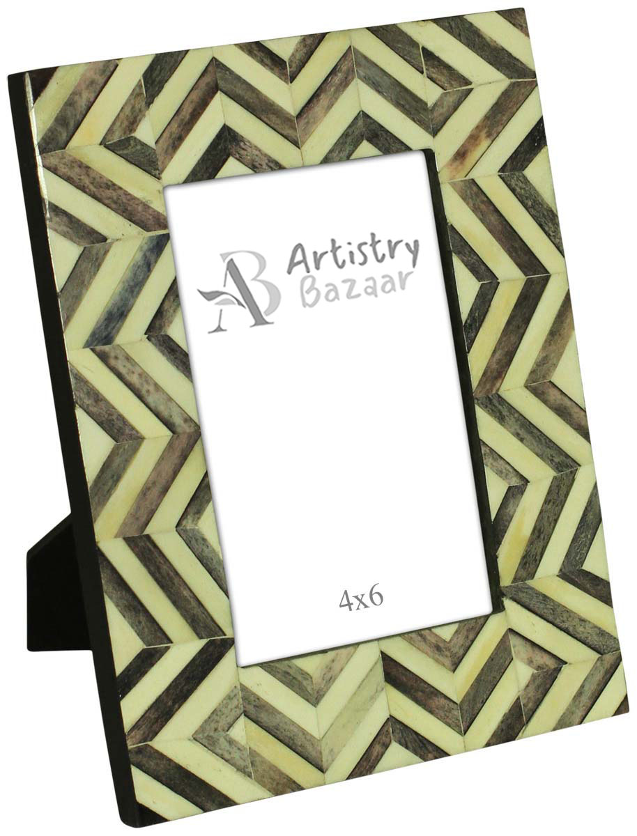 Bulk Buy 4x6 Inches Picture Frame in White & Gray Zig-Zag Pattern - Wholesale Handmade Photo Frame in MDF & Bone - Home Decor Picture Frames from India