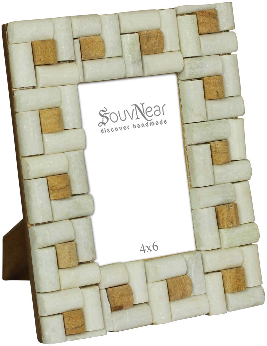 4x6” Handmade Picture Frame In Bulk - White Marble & Brown Stone Work in MDF - Wholesale Home Decor Accessories & Gift Ideas from India