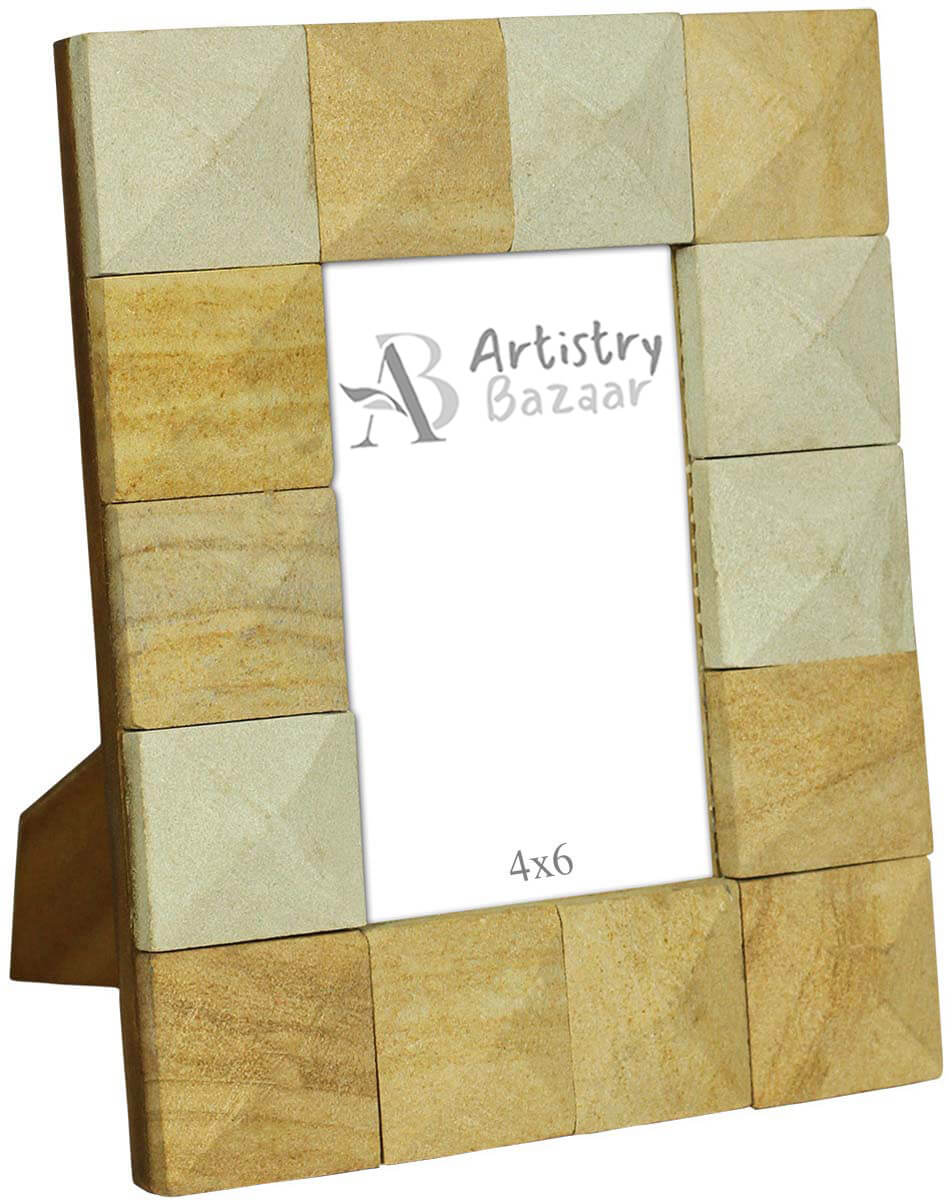 Rectangular MDF & Sandstone 4x6” Photo/Picture Frame in Bulk - Photo Frame with Square Motifs in Off-White & Beige - Wholesale Handmade Home Decor Accessories & Gift Ideas from India
