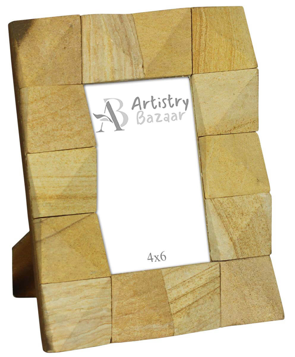 Rectangular 4x6” Sandstone & MDF Photo/Picture Frame in Bulk - Photo Frame with Square Motifs in Beige Color - Wholesale Handmade Home Decor Accessories & Gift Ideas from India