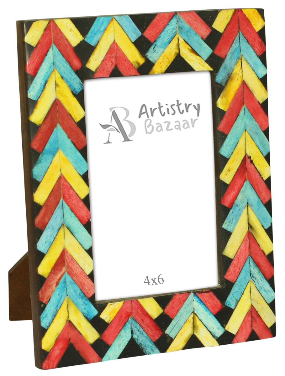 4x6 Inches Blue, Red & Yellow Picture Frame in Bulk - Wholesale Handmade Photo Frame with Arrow Motifs in MDF, Bone & Resin - Home Decor Picture Frames from India