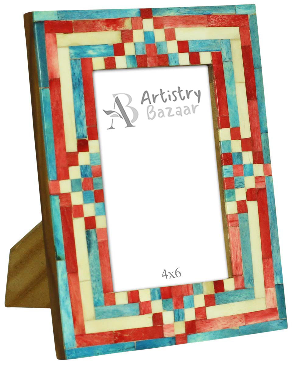 Bulk Buy 4x6 Inches Photo Frame - Check & Striped Pattern in Red, Blue & White - MDF & Bone - Home Decor Picture Frames from India