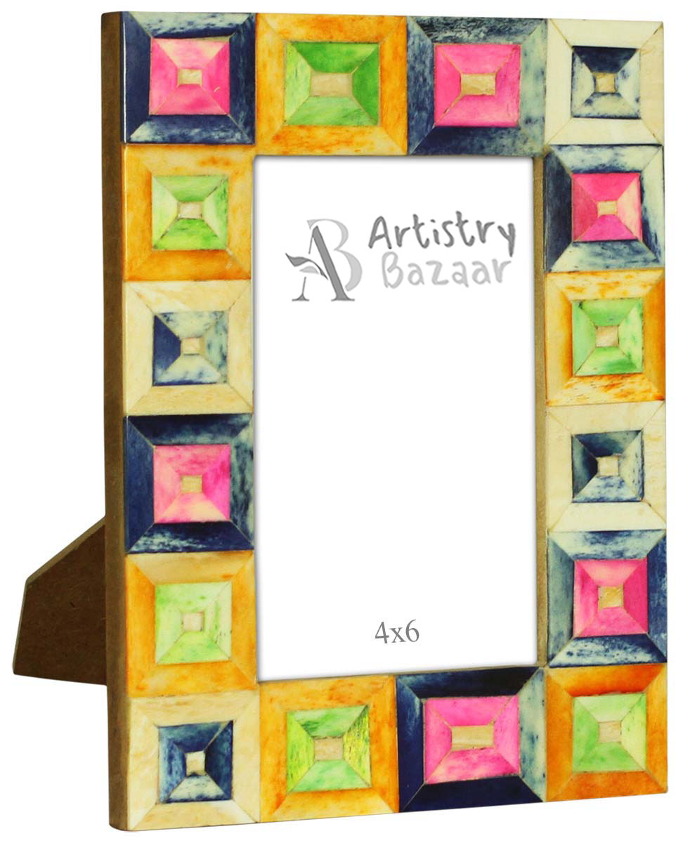 Bulk Buy 4x6 Inches Multicolored Picture Frame in a Square Pattern - Wholesale Handmade Photo Frame in MDF & Bone - Home Decor Picture Frames from India