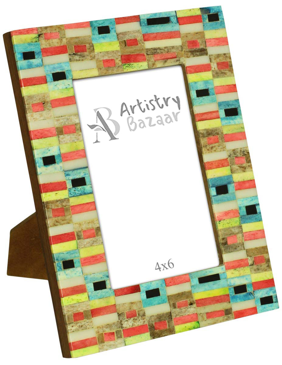 Bulk Buy 4x6 Inches Photo Frame - Multicolored Square & Striped Pattern - MDF & Bone - Home Decor Picture Frames from India