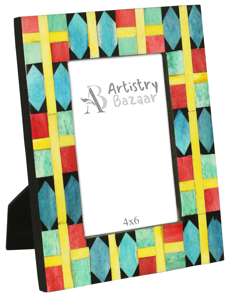 4x6 Inches Multicolored Picture Frame in Bulk - Wholesale Handmade Photo Frame with Geometric Pattern in MDF, Bone - Home Decor Picture Frames from India