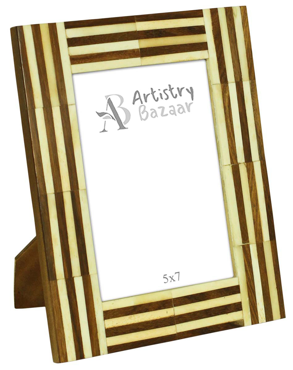 Bulk Buy 5x7 Inches Picture Frame in Brown & White Candy Stripes Pattern - Wholesale Handmade Photo Frame in MDF & Bone - Home Decor Picture Frames from India