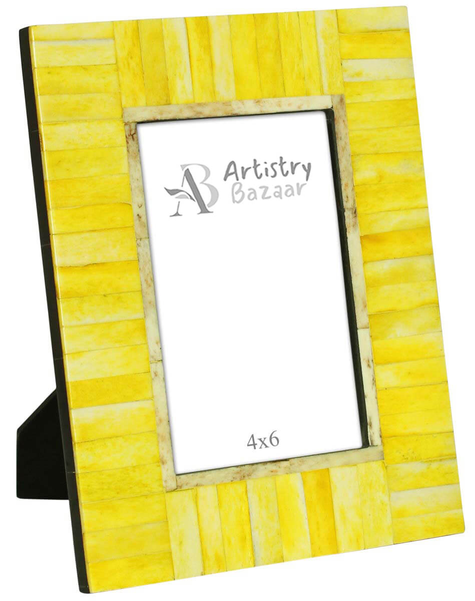 Yellow 4 x 6” Handmade Picture Frame In Bulk - Bone & MDF Photo Frame - Yellow Stripes - Wholesale Home Decor Accessories & Gift Ideas