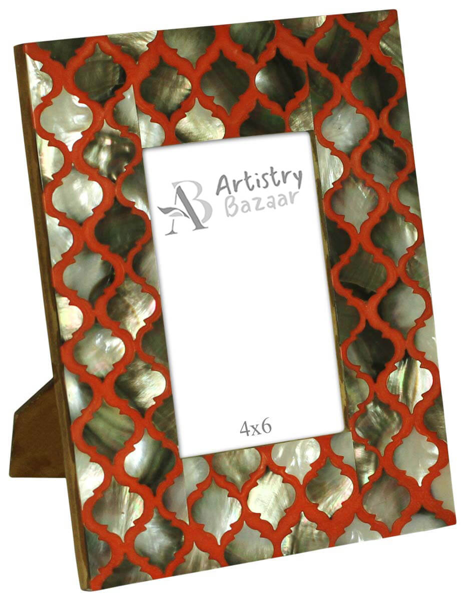 Wholesale Rectangular 4x6 Photo/Picture Frame in MDF, Resin & Mother of Pearl with Traditional Motifs in Red & Silver - Home Decor Picture Frame from India