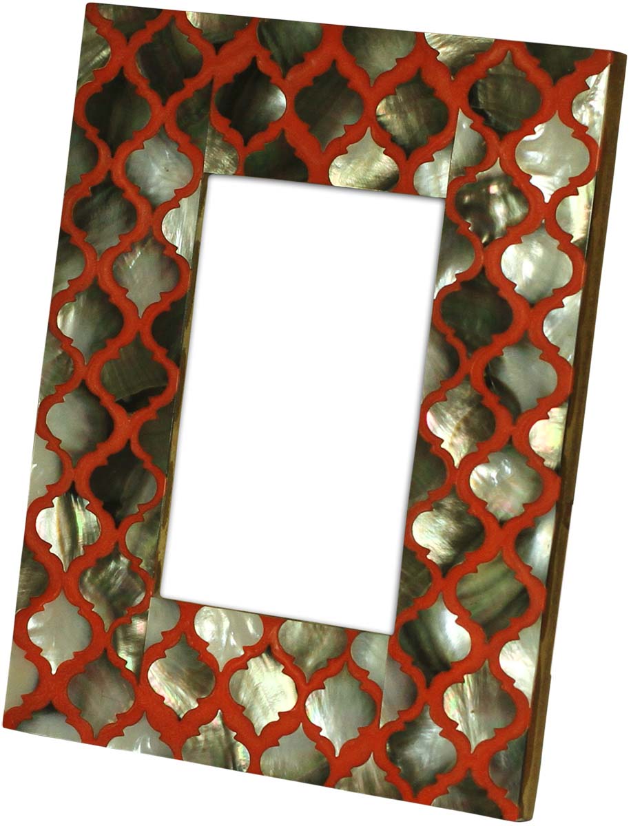 Wholesale Rectangular 4x6 Photo/Picture Frame in MDF, Resin & Mother of Pearl with Traditional Motifs in Red & Silver - Home Decor Picture Frame from India
