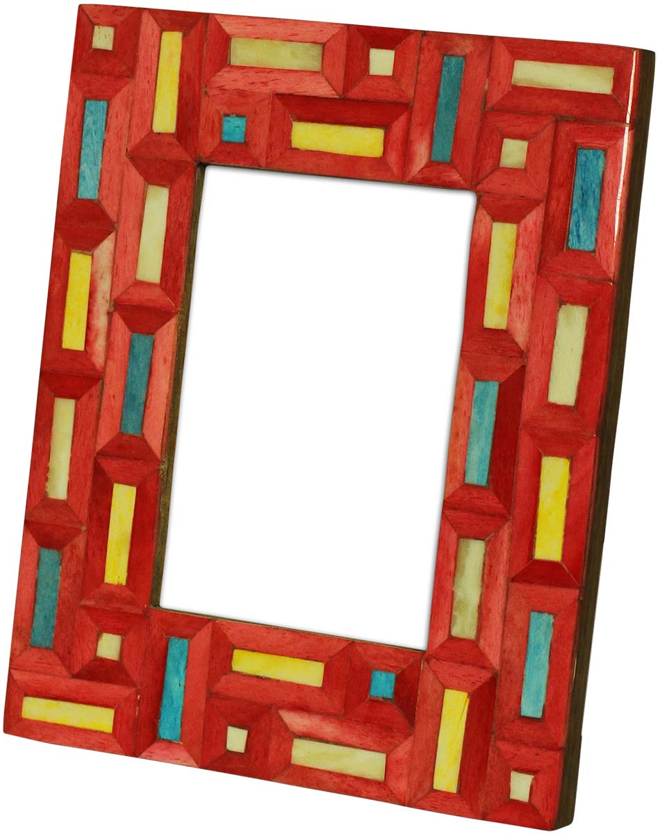 Bulk Buy Red 4x6 Inches Photo Frame - Yellow & Blue Rectangle & Square Motifs - MDF & Bone - Home Decor Picture Frames from India