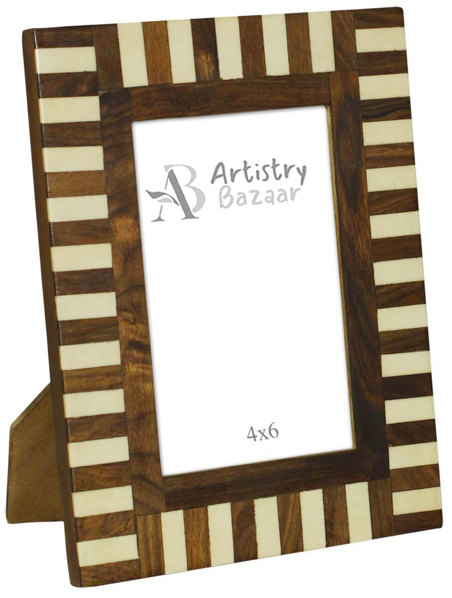 4x6 Inches Brown & White Picture Frame in Bulk - Wholesale Handmade Stripes Pattern Photo Frame in MDF & Bone - Home Decor Picture Frame from India