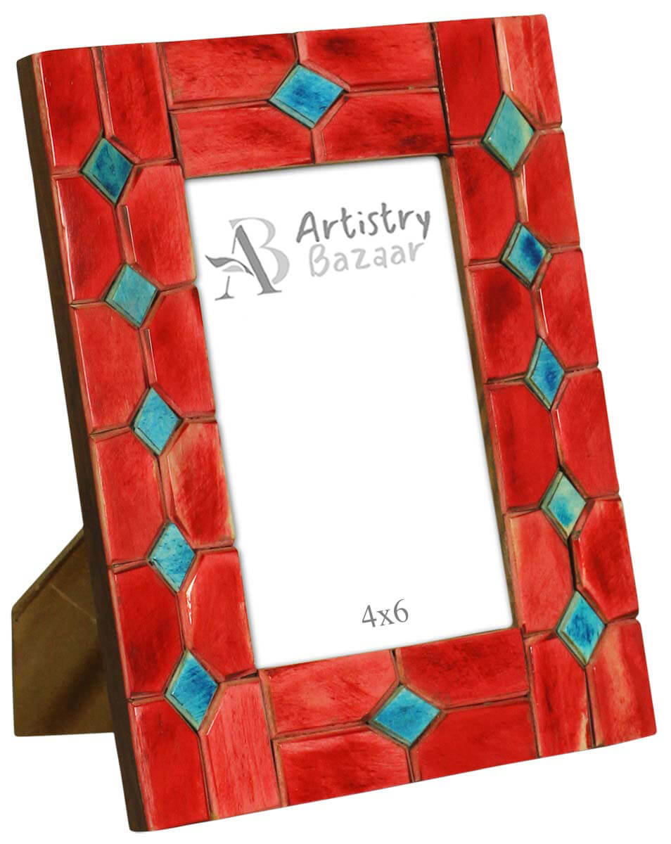 Wholesale Rectangular 4x6 Photo/Picture Frame in MDF & Bone - Bulk Buy Blue Photo Frame with Diamond Shaped Motifs on Red - Home Decor Picture Frame from India
