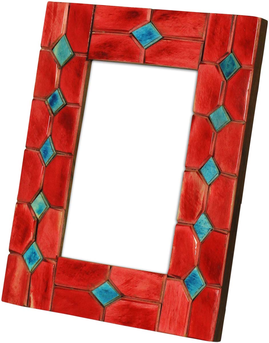 Wholesale Rectangular 4x6 Photo/Picture Frame in MDF & Bone - Bulk Buy Blue Photo Frame with Diamond Shaped Motifs on Red - Home Decor Picture Frame from India