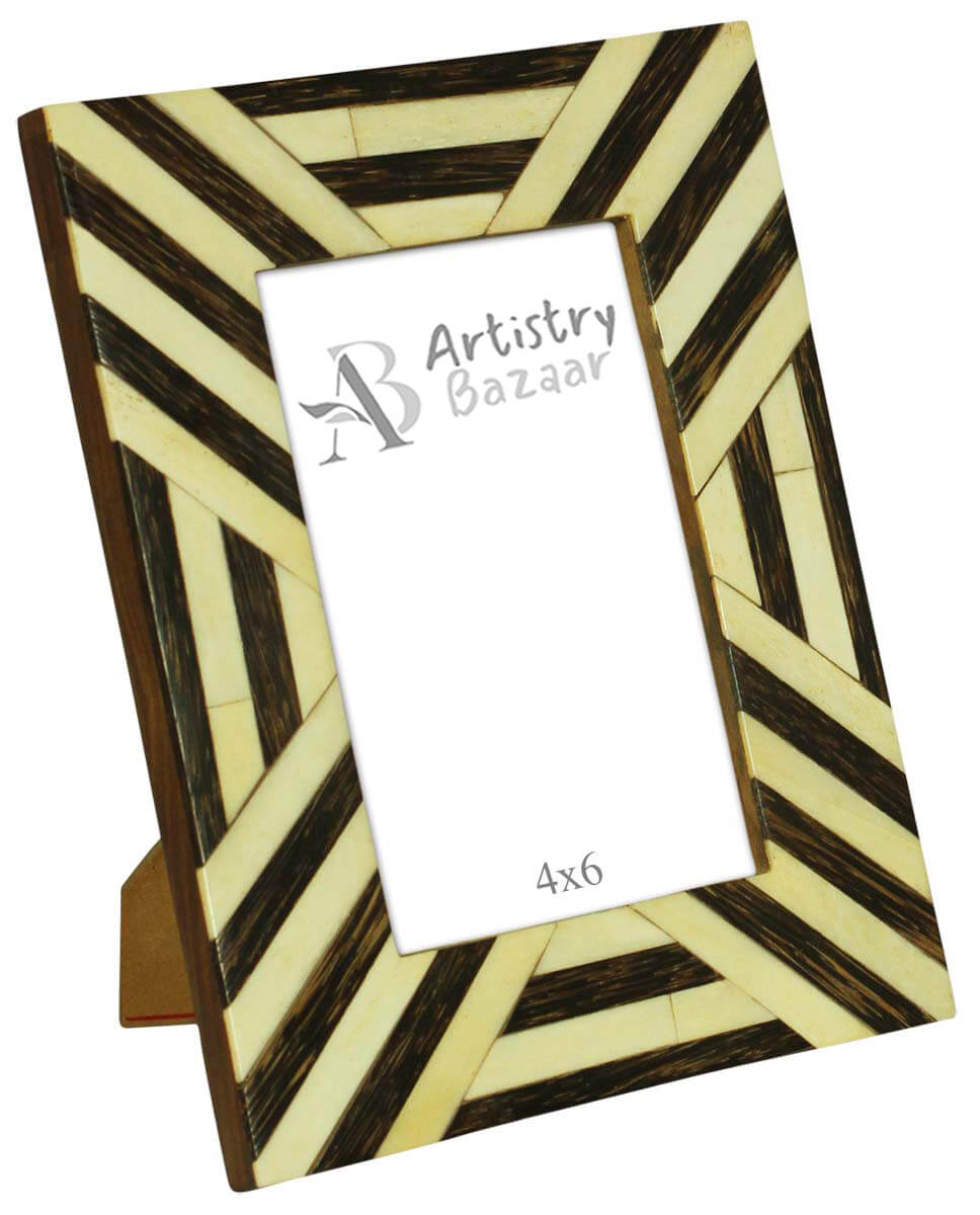 Wholesale 4 x 6” Handmade Photo/Picture Frame In Bulk - Brown & White Abstract Striped Pattern - Bone, MDF & MDF - Wholesale Home Decor Accessories & Gift Ideas