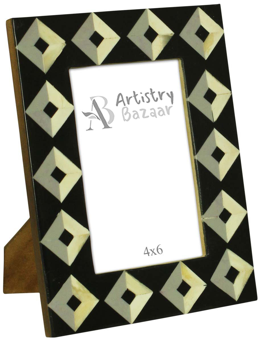 Bulk Buy 4x6 Inches Black & White Picture Frame in a Square Pattern - Wholesale Handmade Photo Frame in MDF & Bone - Home Decor Picture Frames from India
