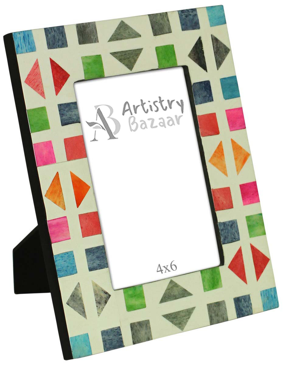 4x6 Inches Multicolored Picture Frame in Bulk - Wholesale Handmade Square & Triangle Motifs Photo Frame in MDF & Bone - Home Decor Picture Frames from India