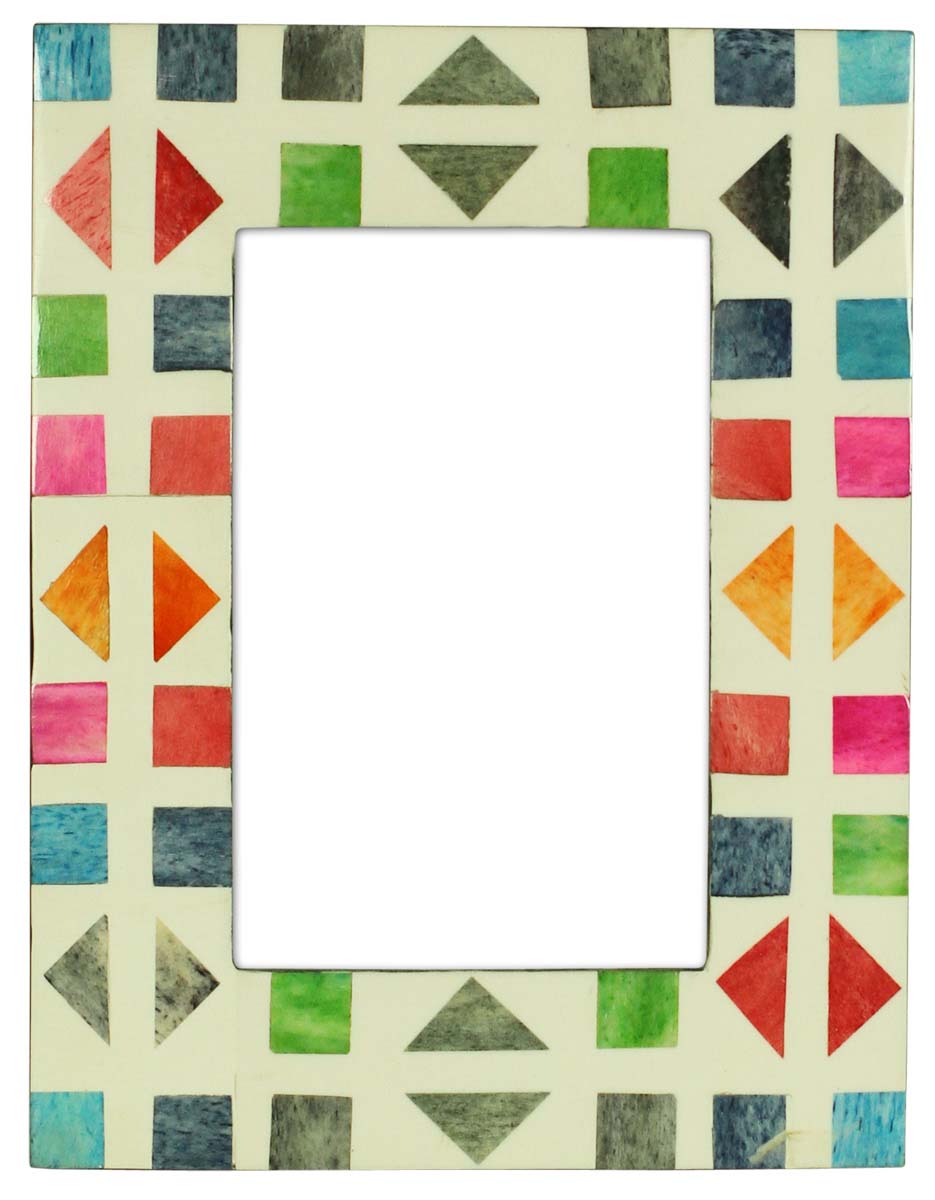 4x6 Inches Multicolored Picture Frame in Bulk - Wholesale Handmade Square & Triangle Motifs Photo Frame in MDF & Bone - Home Decor Picture Frames from India